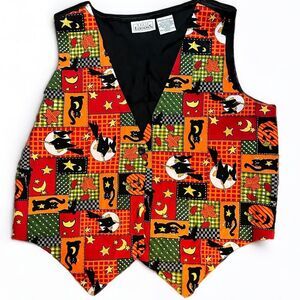 Vintage 90s Basic Editions Halloween Witch Black Cats Bats Jack O Lantern Vest